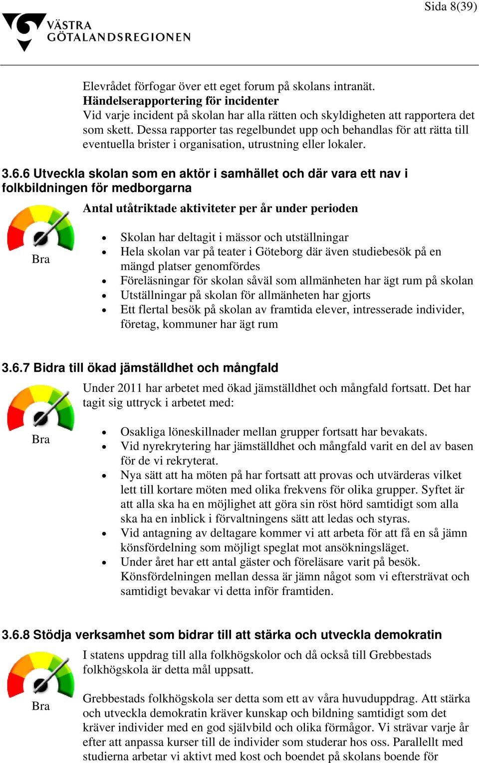 6 Utveckla skolan som en aktör i samhället och där vara ett nav i folkbildningen för medborgarna Antal utåtriktade aktiviteter per år under perioden Skolan har deltagit i mässor och utställningar