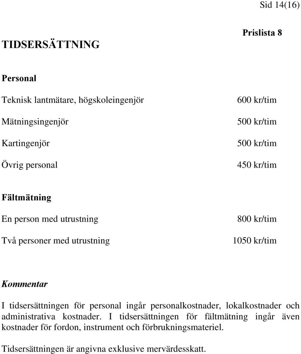 kr/tim I tidsersättningen för personal ingår personalkostnader, lokalkostnader och administrativa kostnader.