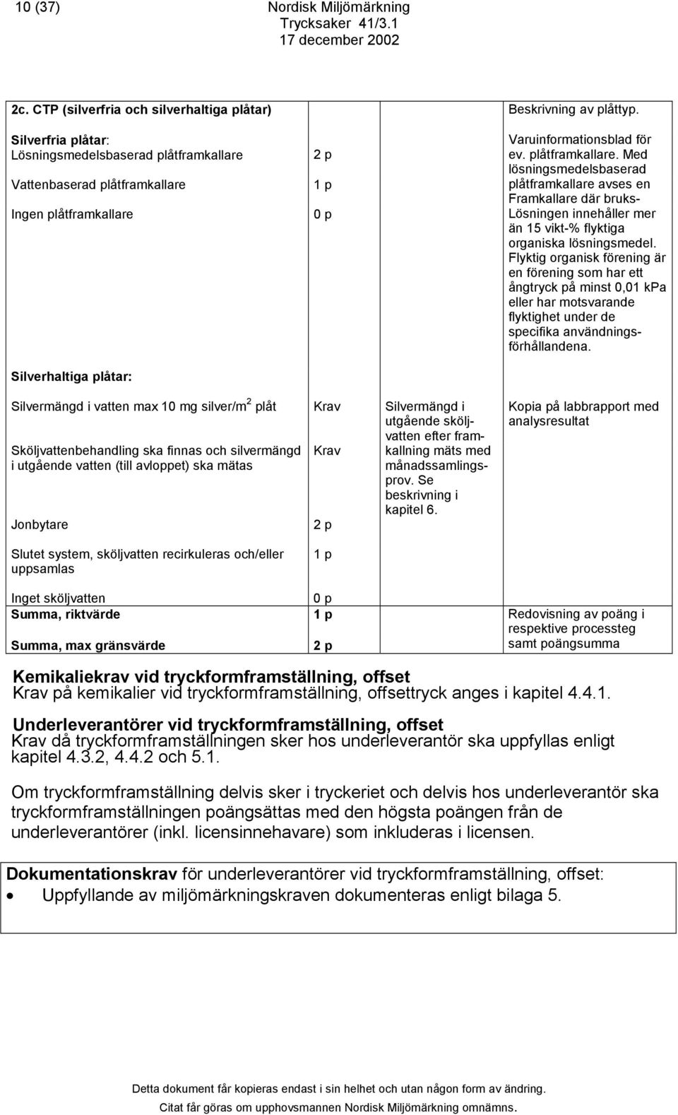 Vattenbaserad plåtframkallare Ingen plåtframkallare Silverhaltiga plåtar: 2 p 1 p Varuinformationsblad för ev. plåtframkallare. Med lösningsmedelsbaserad plåtframkallare avses en Framkallare där bruks- Lösningen innehåller mer än 15 vikt-% flyktiga organiska lösningsmedel.