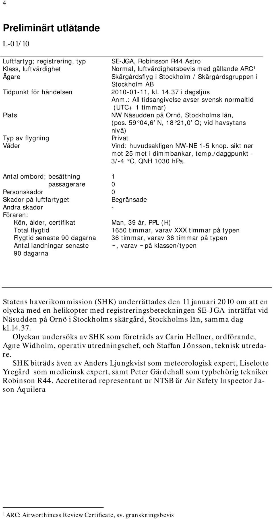 59 04,6 N, 18 21,0 O; vid havsytans nivå) Typ av flygning Privat Väder Vind: huvudsakligen NW-NE 1-5 knop. sikt ner mot 25 met i dimmbankar, temp./daggpunkt - 3/-4 C, QNH 1030 hpa.