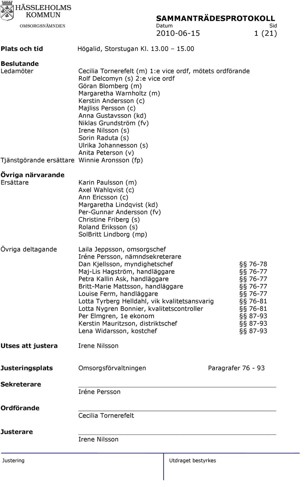 Kerstin Andersson (c) Majliss Persson (c) Anna Gustavsson (kd) Niklas Grundström (fv) Irene Nilsson (s) Sorin Raduta (s) Ulrika Johannesson (s) Anita Peterson (v) Övriga närvarande Ersättare Övriga