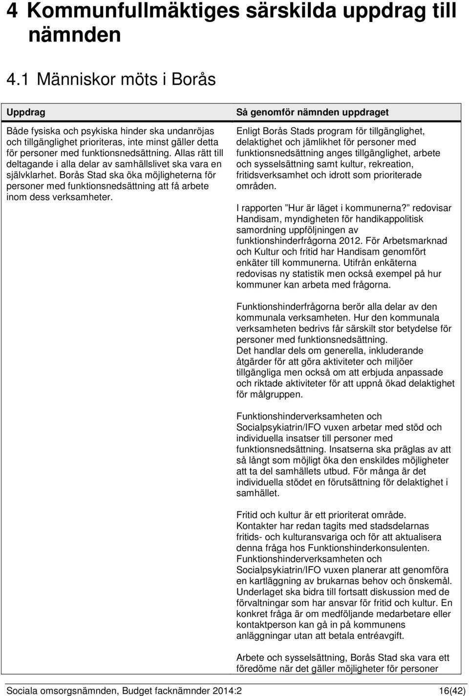 Allas rätt till deltagande i alla delar av samhällslivet ska vara en självklarhet. Borås Stad ska öka möjligheterna för personer med funktionsnedsättning att få arbete inom dess verksamheter.