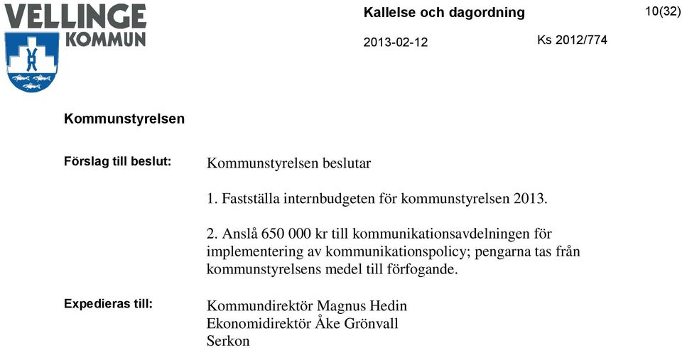 Anslå 650 000 kr till kommunikationsavdelningen för implementering av