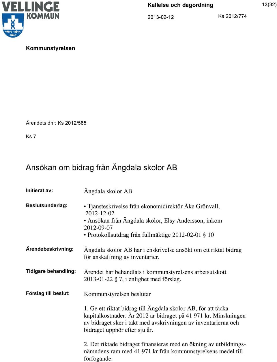 ett riktat bidrag för anskaffning av inventarier. Ärendet har behandlats i kommunstyrelsens arbetsutskott 2013-01-22 7, i enlighet med förslag. beslutar 1.