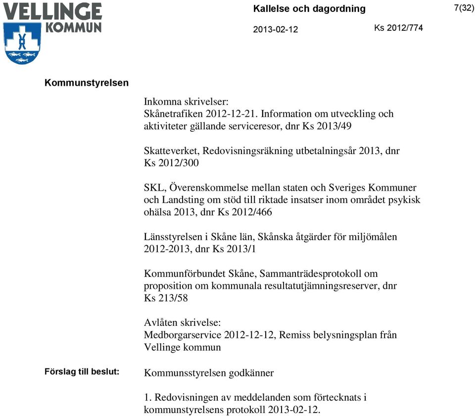 och Sveriges Kommuner och Landsting om stöd till riktade insatser inom området psykisk ohälsa 2013, dnr Ks 2012/466 Länsstyrelsen i Skåne län, Skånska åtgärder för miljömålen 2012-2013,