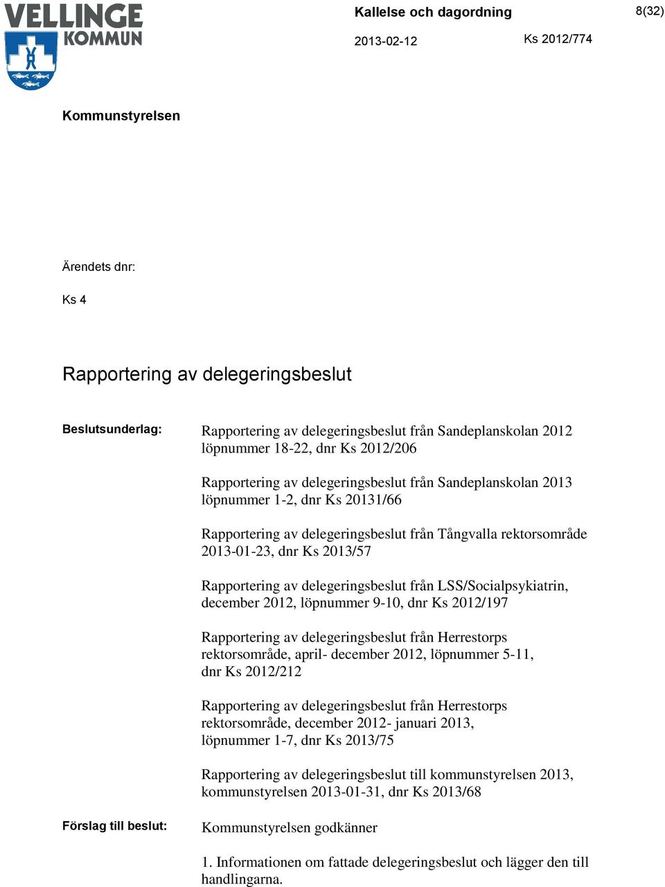 från LSS/Socialpsykiatrin, december 2012, löpnummer 9-10, dnr Ks 2012/197 Rapportering av delegeringsbeslut från Herrestorps rektorsområde, april- december 2012, löpnummer 5-11, dnr Ks 2012/212