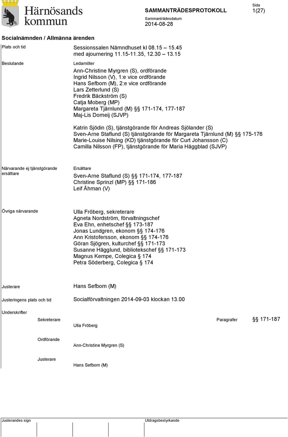 Margareta Tjärnlund (M) 171-174, 177-187 Maj-Lis Domeij (SJVP) Katrin Sjödin (S), tjänstgörande för Andreas Sjölander (S) Sven-Arne Staflund (S) tjänstgörande för Margareta Tjärnlund (M) 175-176