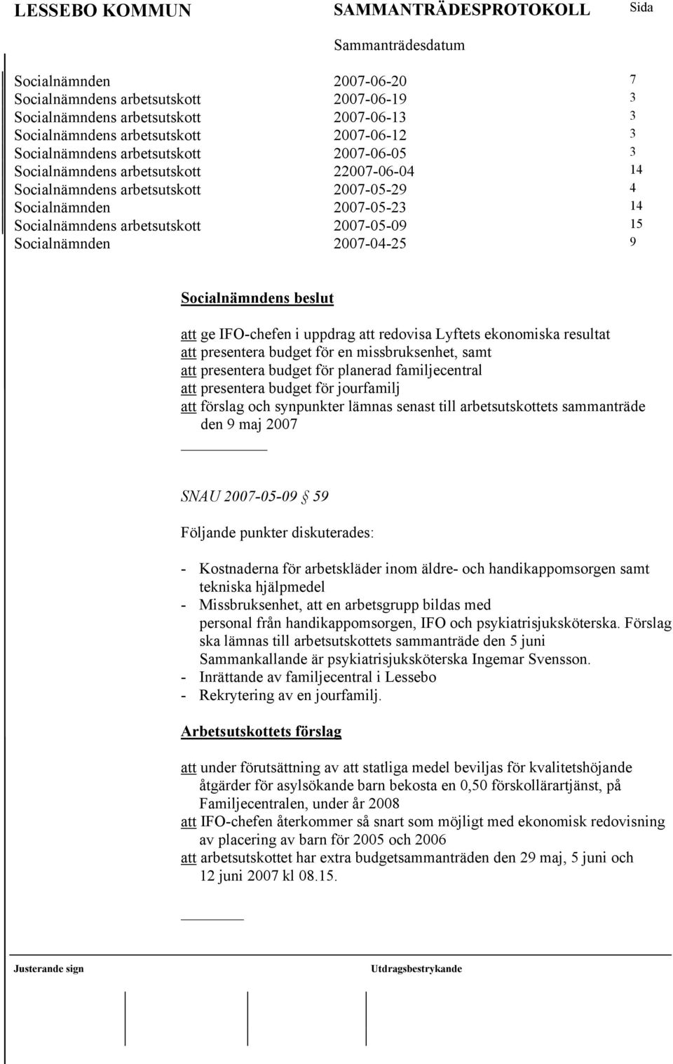 IFO-chefen i uppdrag att redovisa Lyftets ekonomiska resultat att presentera budget för en missbruksenhet, samt att presentera budget för planerad familjecentral att presentera budget för jourfamilj