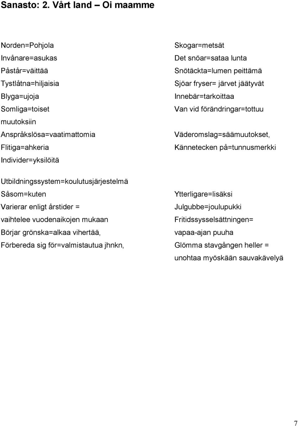 Individer=yksilöitä Skogar=metsät Det snöar=sataa lunta Snötäckta=lumen peittämä Sjöar fryser= järvet jäätyvät Innebär=tarkoittaa Van vid förändringar=tottuu