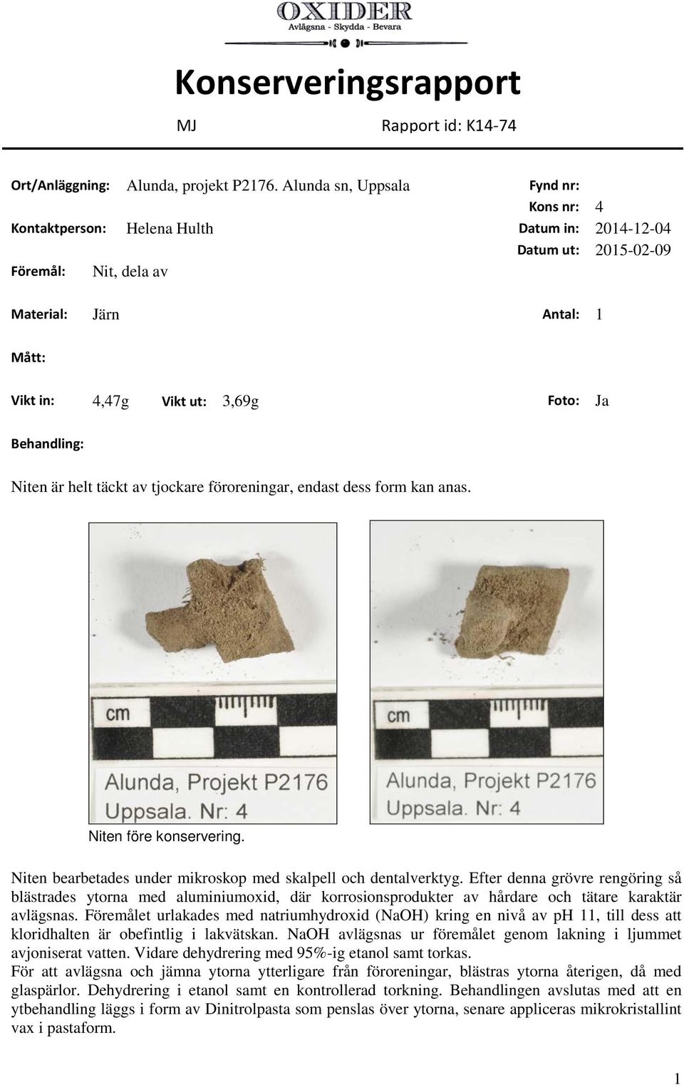 Behandling: Niten är helt täckt av tjockare föroreningar, endast dess form kan anas. Niten före konservering. Niten bearbetades under mikroskop med skalpell och dentalverktyg.