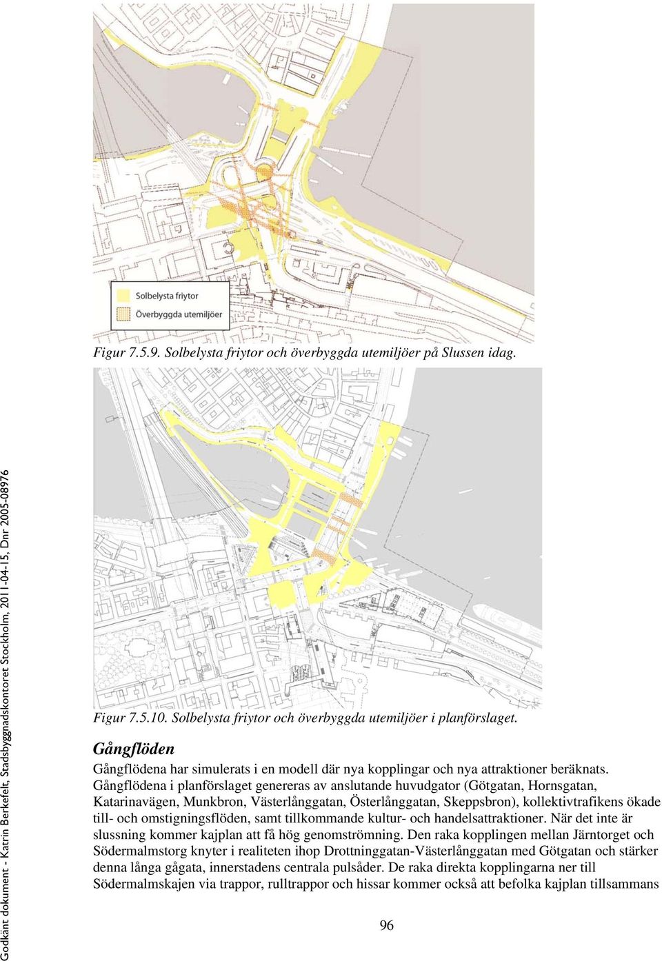 Gångflödena i planförslaget genereras av anslutande huvudgator (Götgatan, Hornsgatan, Katarinavägen, Munkbron, Västerlånggatan, Österlånggatan, Skeppsbron), kollektivtrafikens ökade till- och