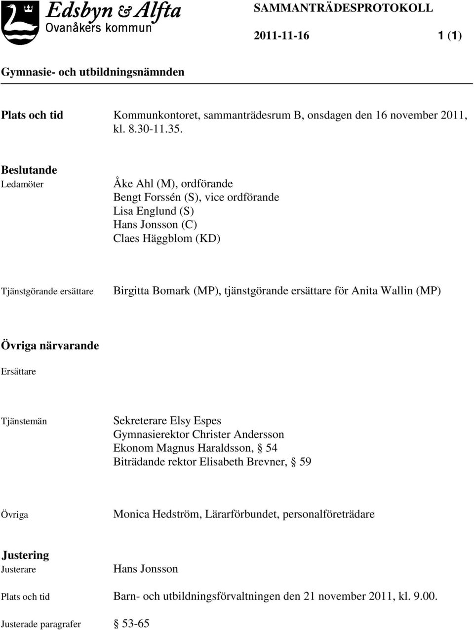 tjänstgörande ersättare för Anita Wallin (MP) Övriga närvarande Ersättare Tjänstemän Sekreterare Elsy Espes Gymnasierektor Christer Andersson Ekonom Magnus Haraldsson, 54