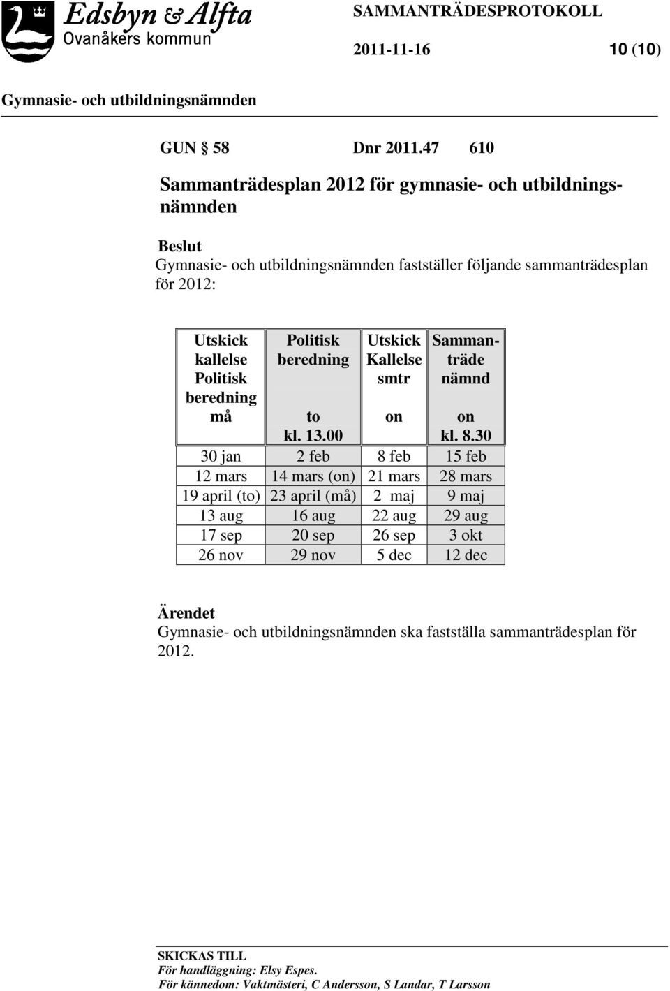 Politisk beredning Utskick Kallelse smtr Sammanträde nämnd to kl. 13.00 on on kl. 8.