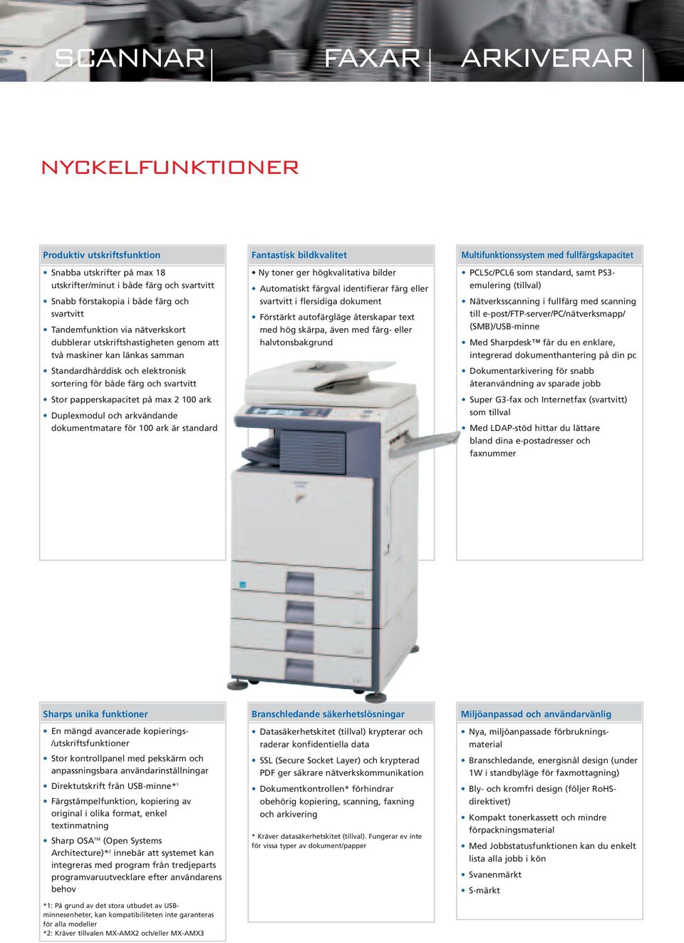 Duplexmodul och arkvändande dokumentmatare för 100 ark är standard Fantastisk bildkvalitet Ny toner ger högkvalitativa bilder Automatiskt färgval identifierar färg eller svartvitt i flersidiga