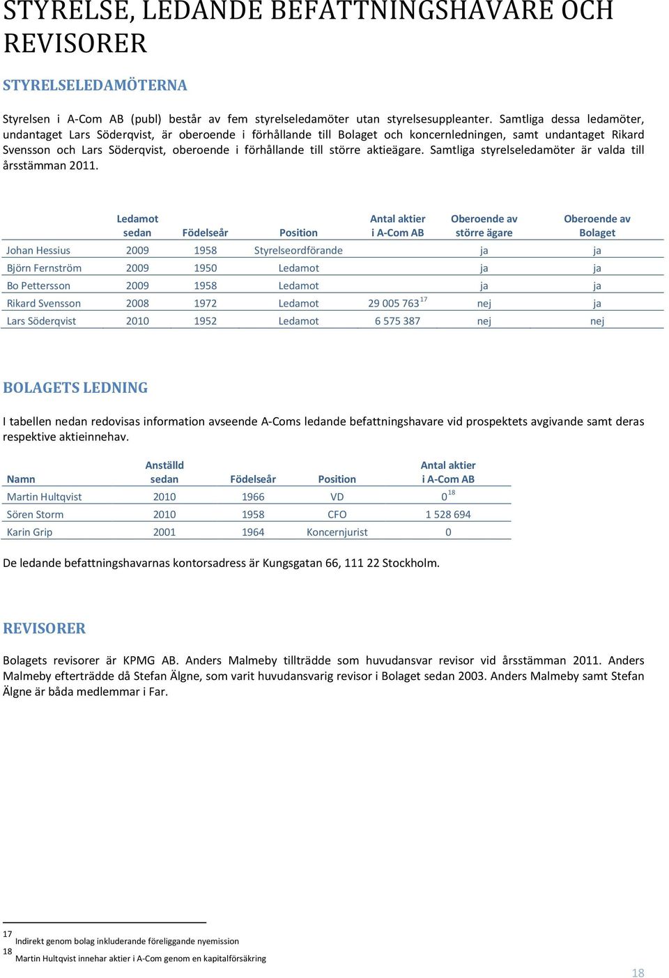 större aktieägare. Samtliga styrelseledamöter är valda till årsstämman 2011.