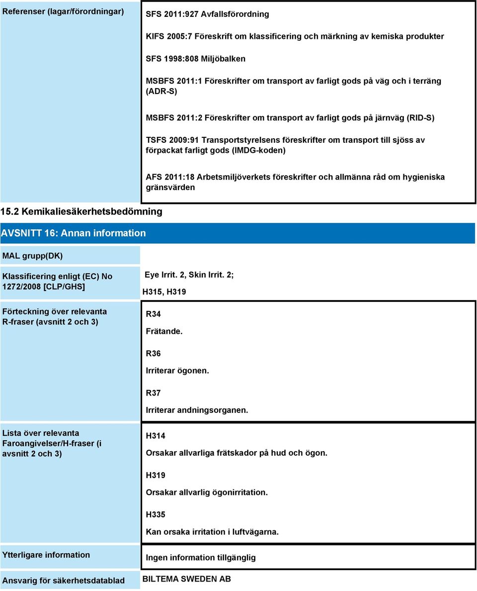 av förpackat farligt gods (IMDG-koden) AFS 2011:18 Arbetsmiljöverkets föreskrifter och allmänna råd om hygieniska gränsvärden 15.