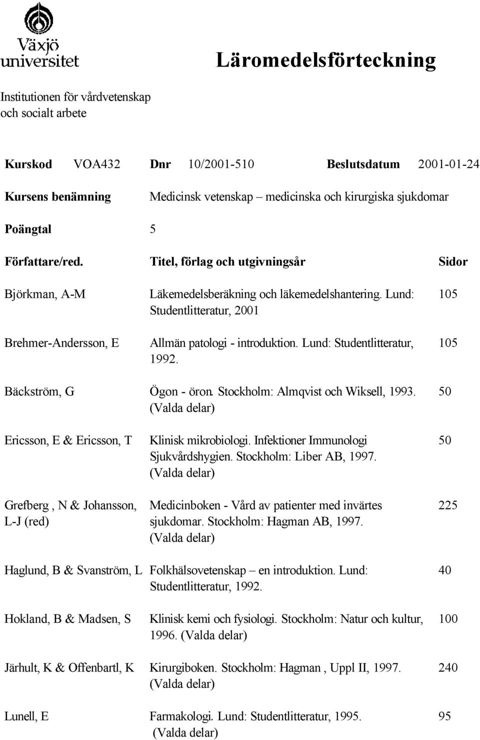 Lund: Studentlitteratur, 2001 Allmän patologi - introduktion. Lund: Studentlitteratur, 1992. Bäckström, G Ögon - öron. Stockholm: Almqvist och Wiksell, 1993.