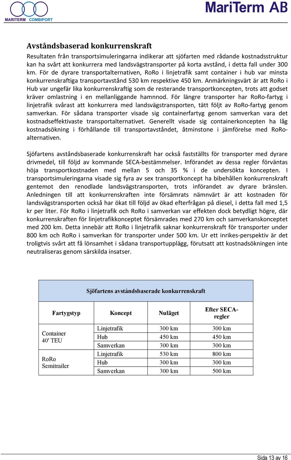 Anmärkningsvärt är att RoRo i Hub var ungefär lika konkurrenskraftig som de resterande transportkoncepten, trots att godset kräver omlastning i en mellanliggande hamnnod.