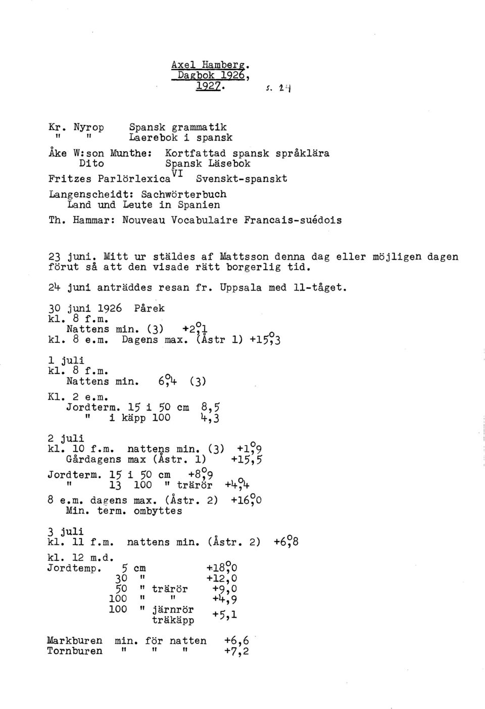 Spanien Th. Hammar: Nouveau Vocabulaire Francais-suedois 23 juni. Mitt ur stäldes af Mattsson denna dag eller möjligen dagen förut så att den visade rätt borgerlig tid. 24 juni anträddes resan fr.
