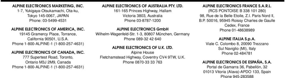 777 Supertest Road, Toronto, Ontario M3J 2M9, Canada Phone 1-800-ALPINE-1 (1-800-257-4631) ALPINE ELECTRONICS OF AUSTRALIA PTY. LTD.