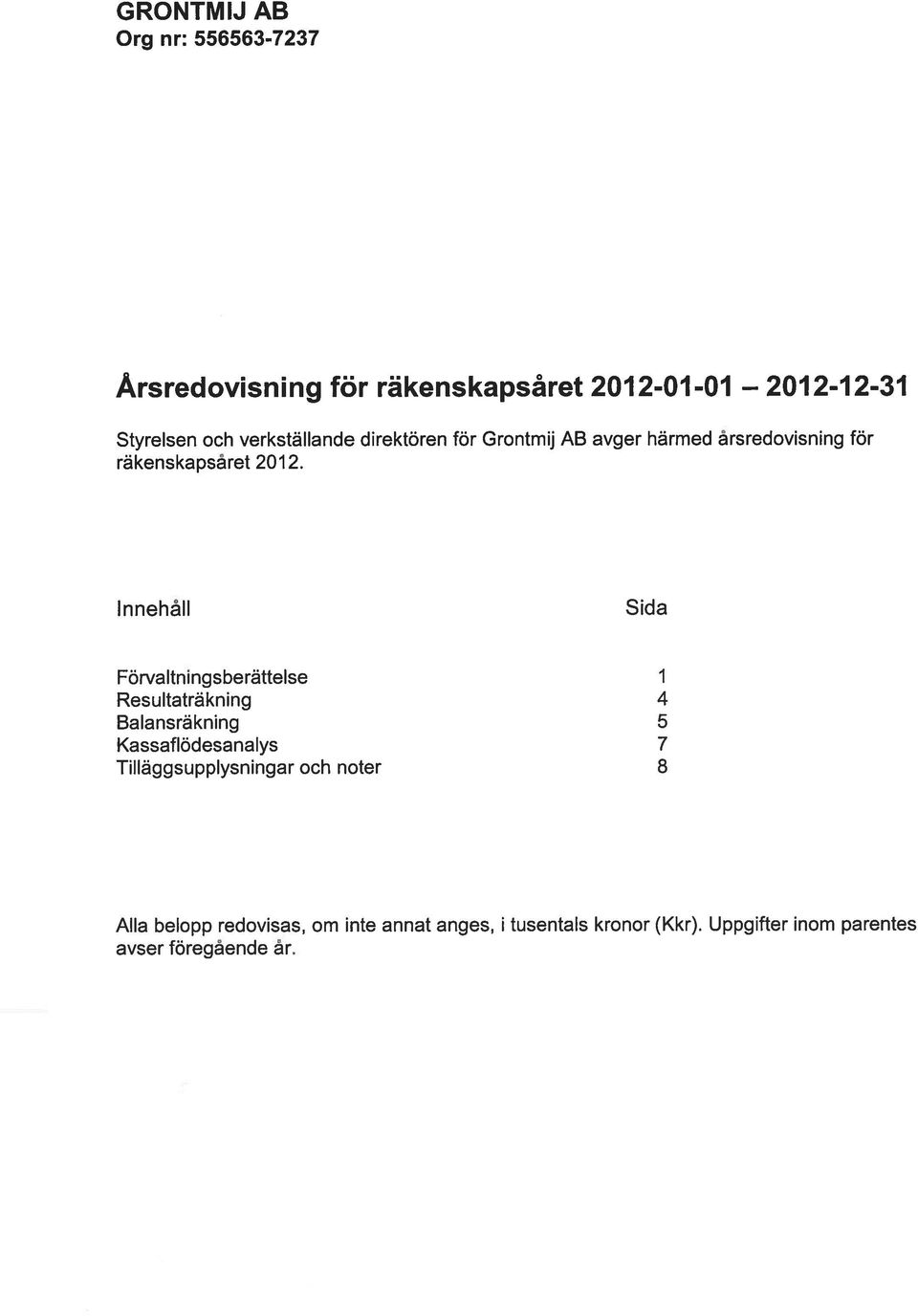 Innehåll Sida Förvaltningsberättelse 1 Resultaträkning 4 Balansräkning 5 Kassaflödesanalys 7