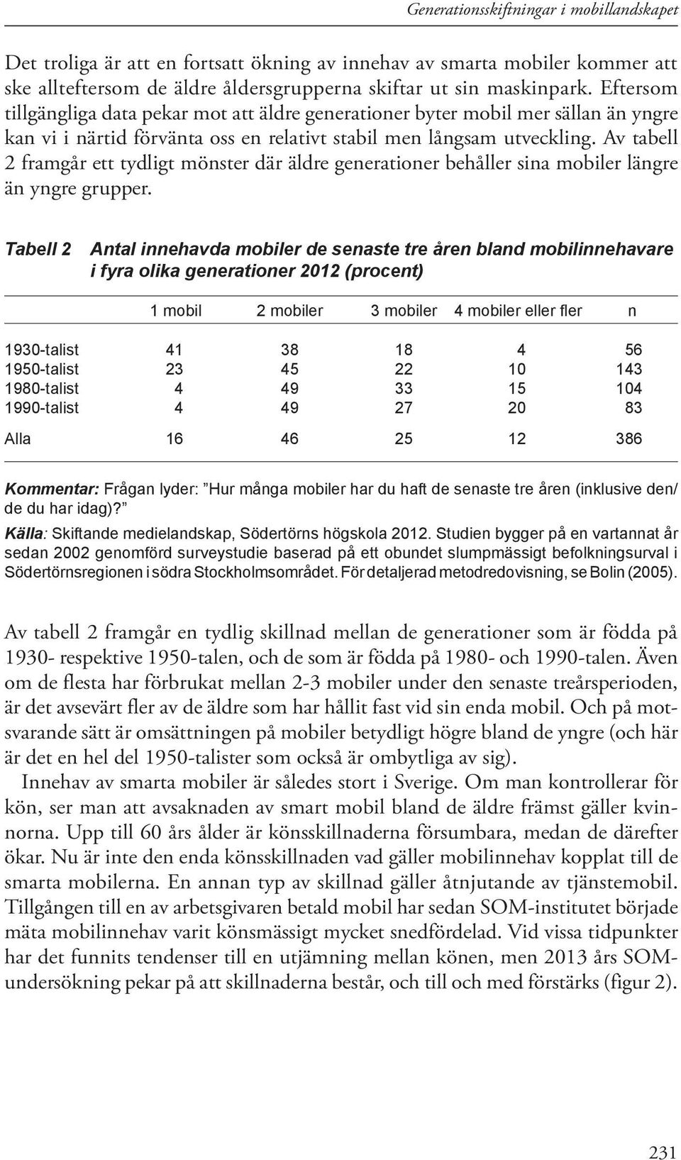 Av tabell 2 framg ett tydligt mönster där äldre generationer behåller sina mobiler längre än yngre grupper.