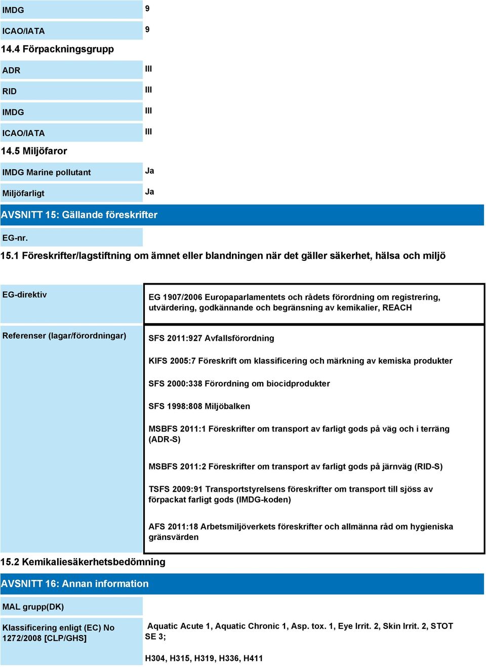 1 Föreskrifter/lagstiftning om ämnet eller blandningen när det gäller säkerhet, hälsa och miljö EG-direktiv EG 1907/2006 Europaparlamentets och rådets förordning om registrering, utvärdering,