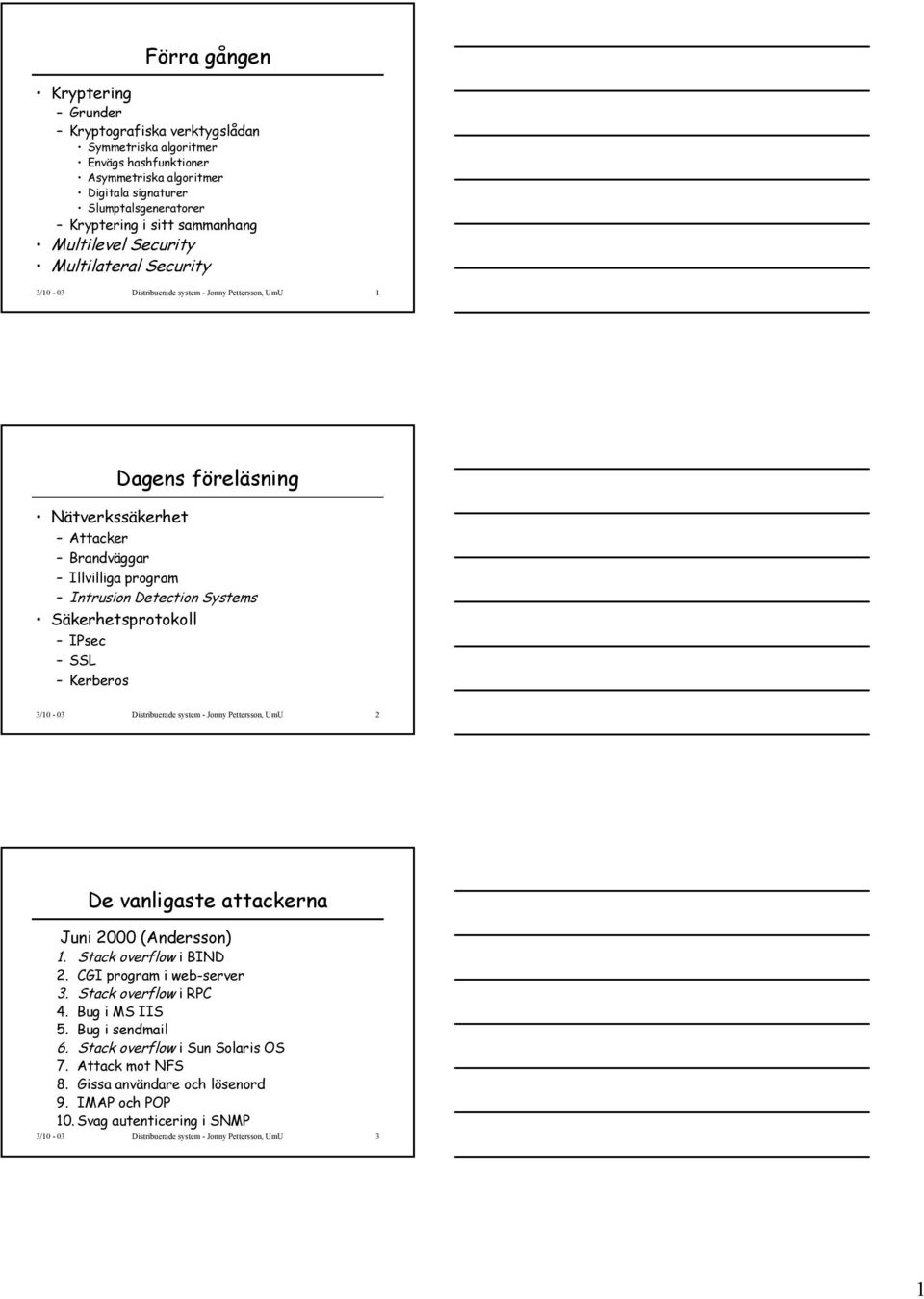 Systems Säkerhetsprotokoll IPsec SSL Kerberos 3/10-03 Distribuerade system - Jonny Pettersson, UmU 2 De vanligaste attackerna Juni 2000 (Andersson) 1. Stack overflow i BIND 2.