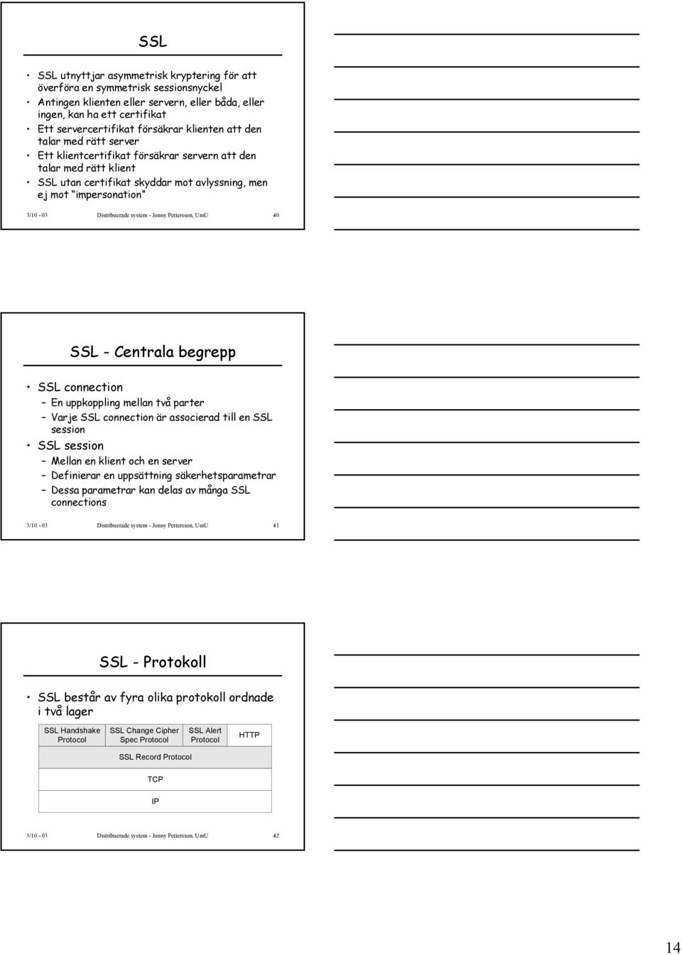system - Jonny Pettersson, UmU 40 SSL - Centrala begrepp SSL connection En uppkoppling mellan två parter Varje SSL connection är associerad till en SSL session SSL session Mellan en klient och en