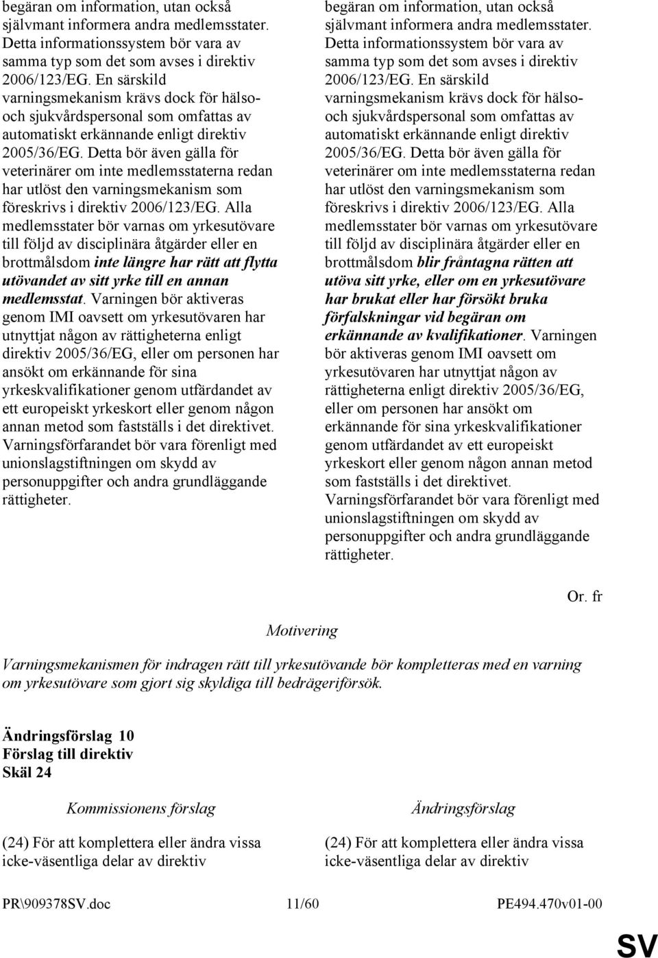 Detta bör även gälla för veterinärer om inte medlemsstaterna redan har utlöst den varningsmekanism som föreskrivs i direktiv 2006/123/EG.