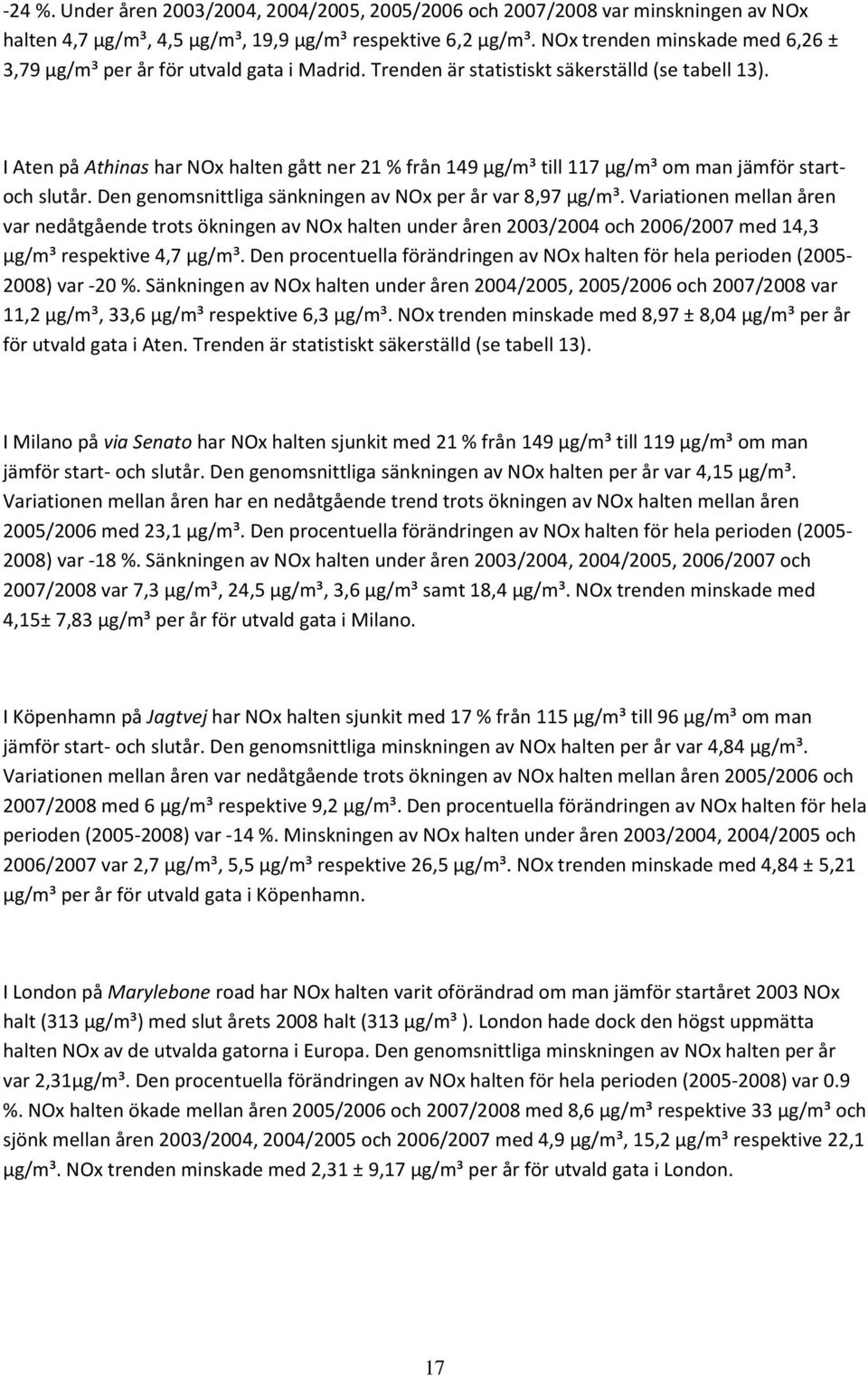 I Aten på Athinas har NOx halten gått ner 21 % från 149 µg/m³ till 117 µg/m³ om man jämför startoch slutår. Den genomsnittliga sänkningen av NOx per år var 8,97 µg/m³.