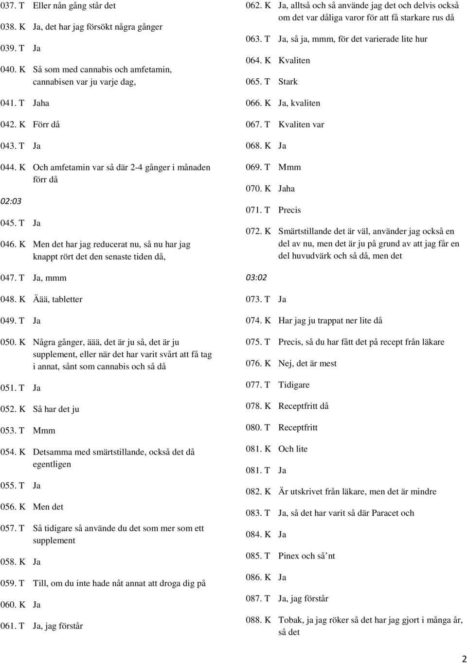 K Äää, tabletter 049. T Ja 050. K Några gånger, äää, det är ju så, det är ju supplement, eller när det har varit svårt att få tag i annat, sånt som cannabis och så då 051. T Ja 052.