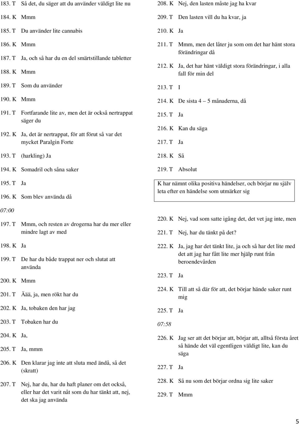 K Somadril och såna saker 195. T Ja 196. K Som blev använda då 07:00 197. T Mmm, och resten av drogerna har du mer eller mindre lagt av med 198. K Ja 199.