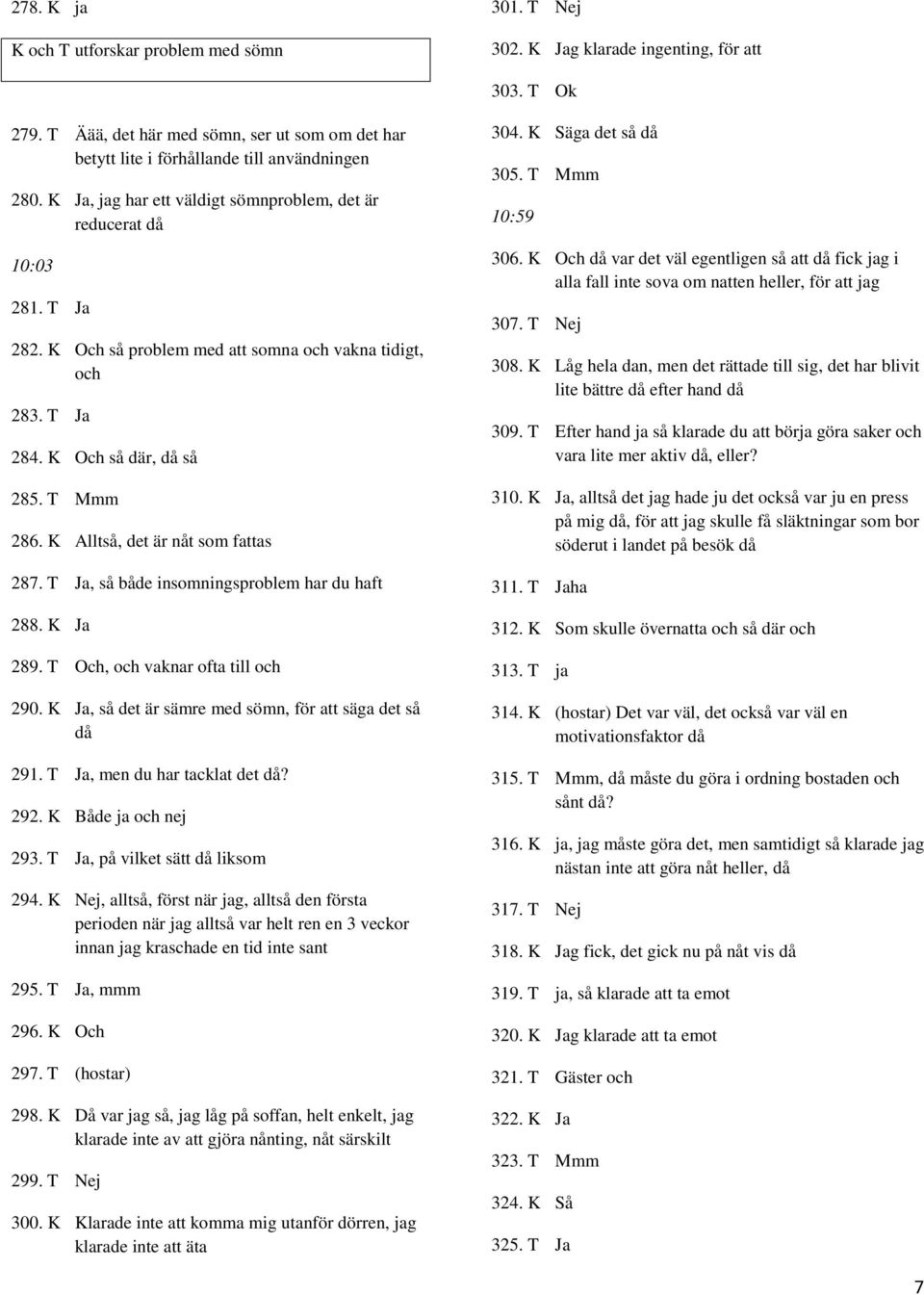 K Och så problem med att somna och vakna tidigt, och 283. T Ja 284. K Och så där, då så 285. T Mmm 286. K Alltså, det är nåt som fattas 287. T Ja, så både insomningsproblem har du haft 288. K Ja 289.
