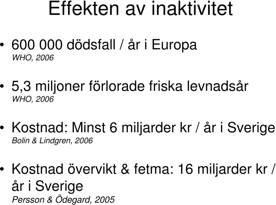 6 miljarder kr / år i Sverige Bolin & Lindgren, 2006 Kostnad