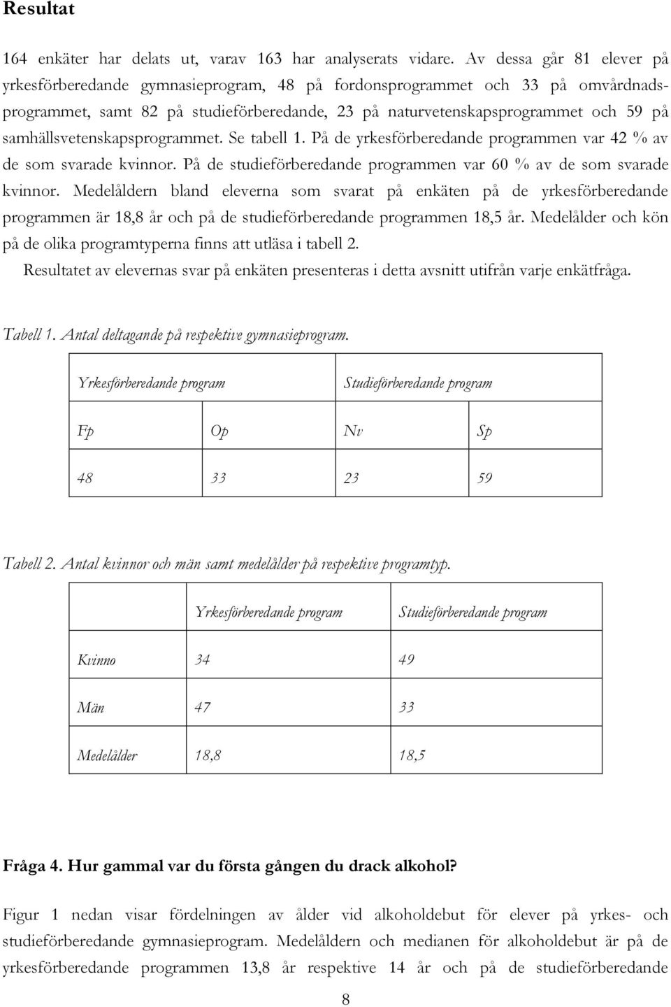 samhällsvetenskapsprogrammet. Se tabell 1. På de yrkesförberedande programmen var 42 % av de som svarade kvinnor. På de studieförberedande programmen var 60 % av de som svarade kvinnor.