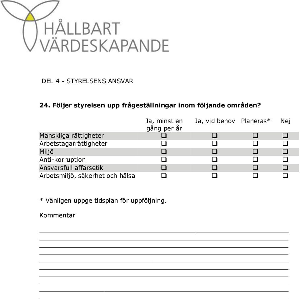 minst en vid behov Planeras* Nej gång per år Mänskliga rättigheter