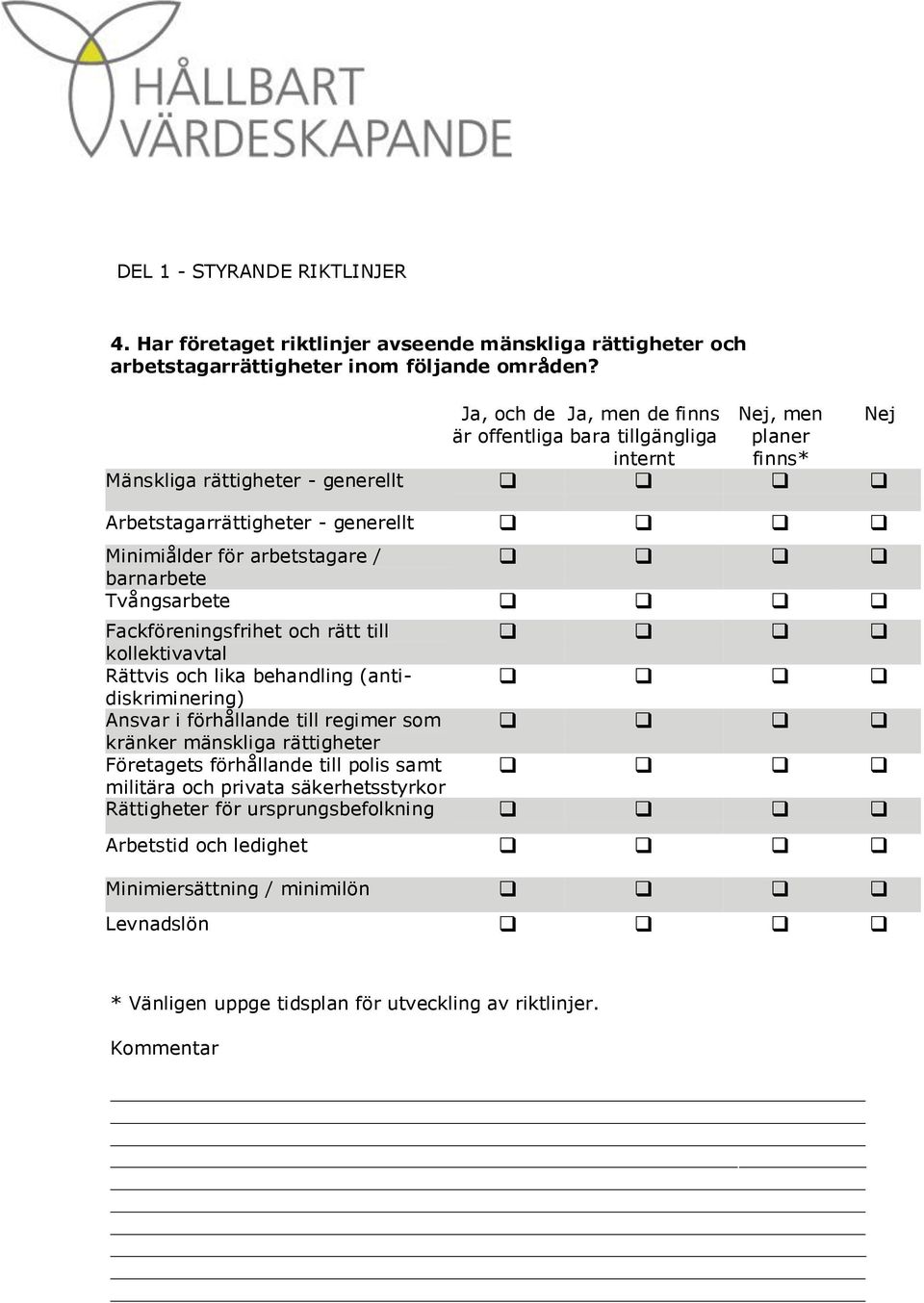 barnarbete Tvångsarbete Fackföreningsfrihet och rätt till kollektivavtal Rättvis och lika behandling (antidiskriminering) Ansvar i förhållande till regimer som kränker mänskliga