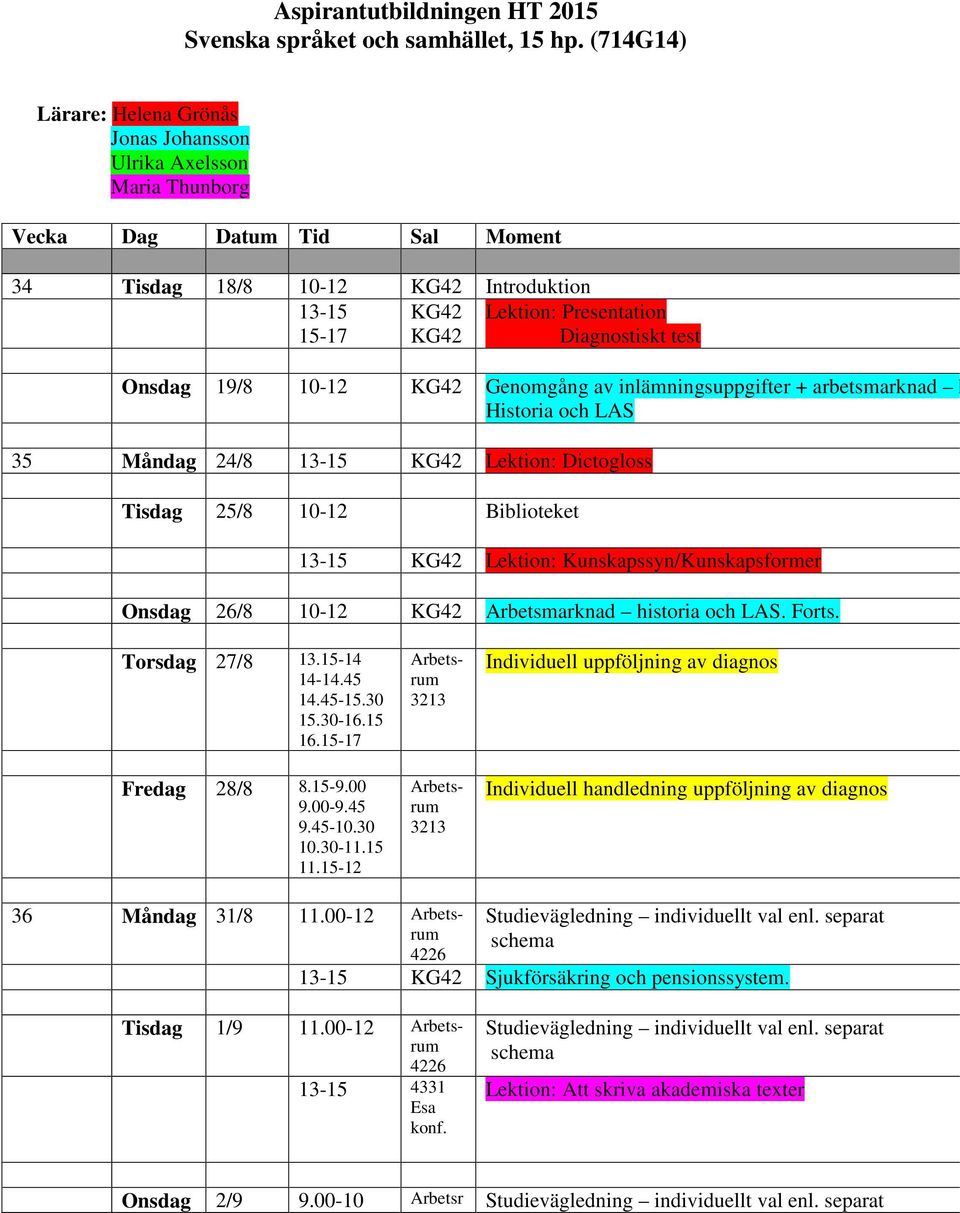 Diagnostiskt test Onsdag 19/8 10-12 KG42 Genomgång av inlämningsuppgifter + arbetsmarknad h Historia och LAS 35 Måndag 24/8 13-15 KG42 Lektion: Dictogloss Tisdag 25/8 10-12 Biblioteket 13-15 KG42