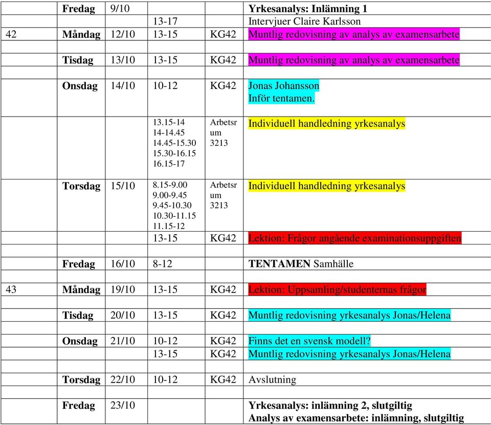 45 Individuell handledning yrkesanalys 13-15 KG42 Lektion: Frågor angående examinationsuppgiften Fredag 16/10 8-12 TENTAMEN Samhälle 43 Måndag 19/10 13-15 KG42 Lektion: Uppsamling/studenternas frågor