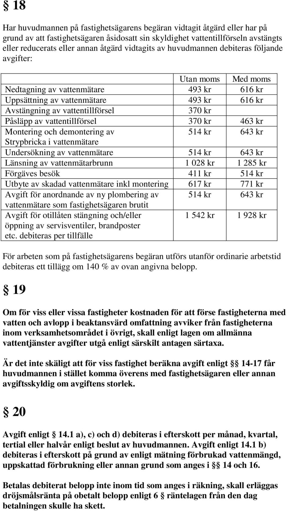 Påsläpp av vattentillförsel 370 kr 463 kr Montering och demontering av 514 kr 643 kr Strypbricka i vattenmätare Undersökning av vattenmätare 514 kr 643 kr Länsning av vattenmätarbrunn 1 028 kr 1 285