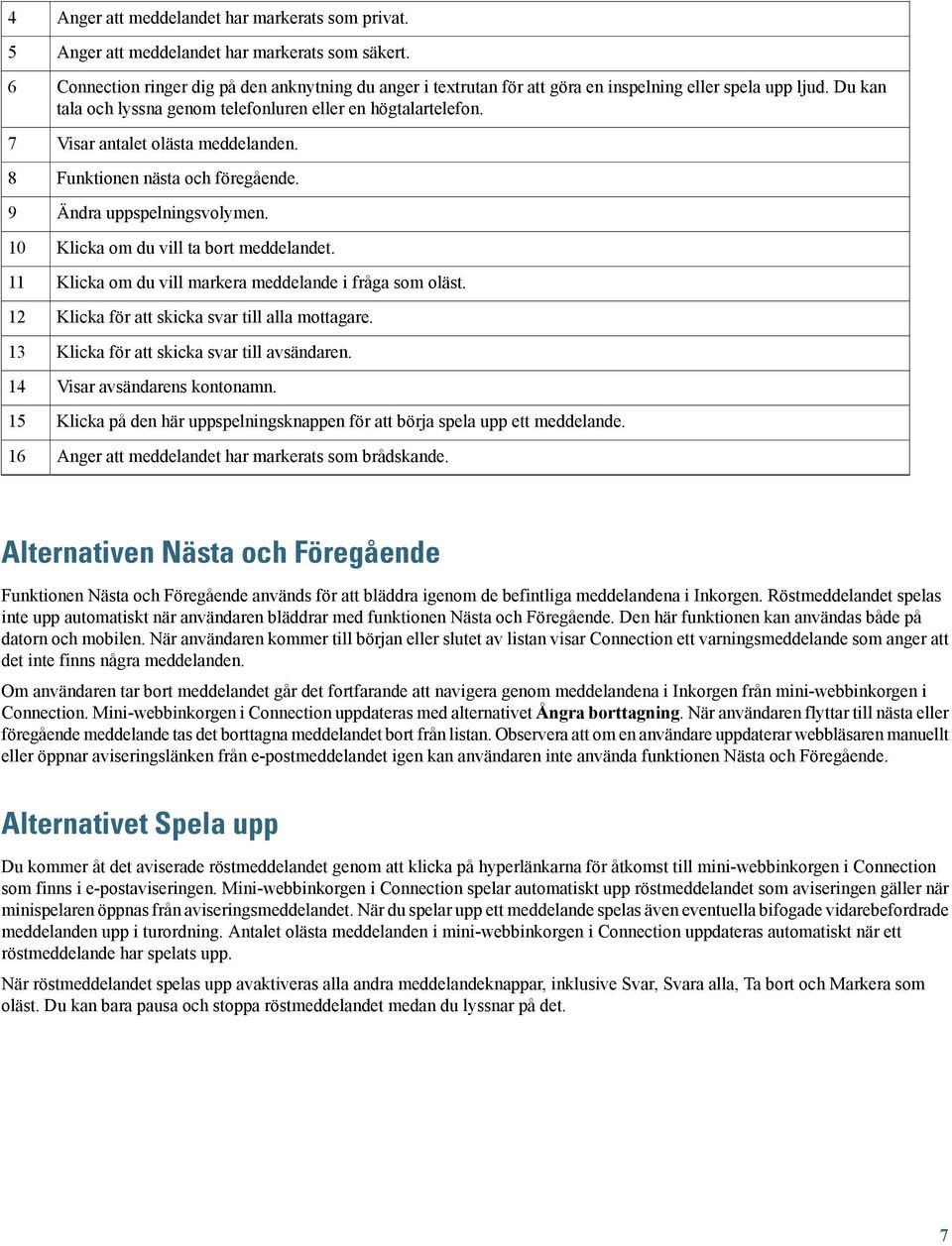 Visar antalet olästa meddelanden. Funktionen nästa och föregående. Ändra uppspelningsvolymen. Klicka om du vill ta bort meddelandet. Klicka om du vill markera meddelande i fråga som oläst.