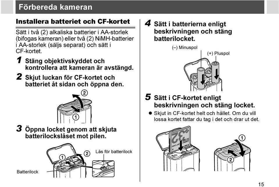 3 Öppna locket genom att skjuta batterilockslåset mot pilen. 4 Sätt i batterierna enligt beskrivningen och stäng batterilocket.