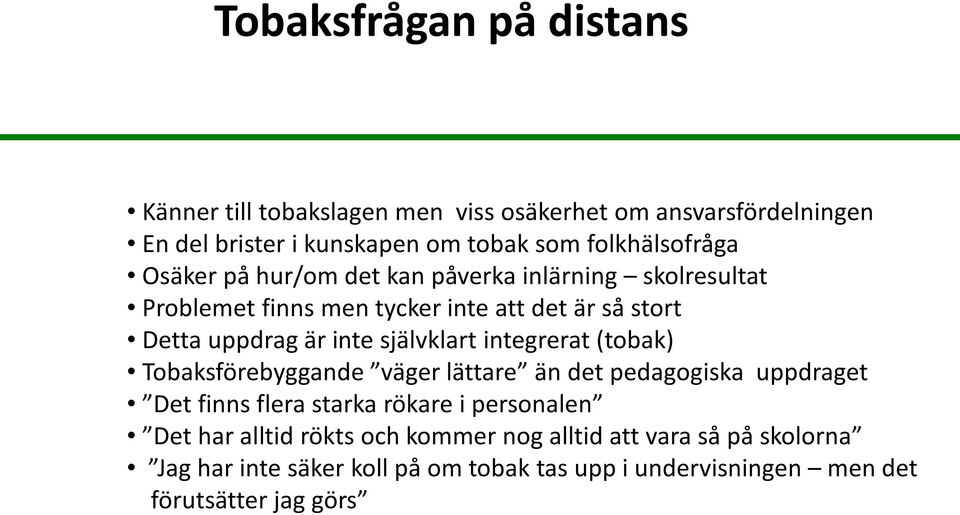 inte självklart integrerat (tobak) Tobaksförebyggande väger lättare än det pedagogiska uppdraget Det finns flera starka rökare i personalen