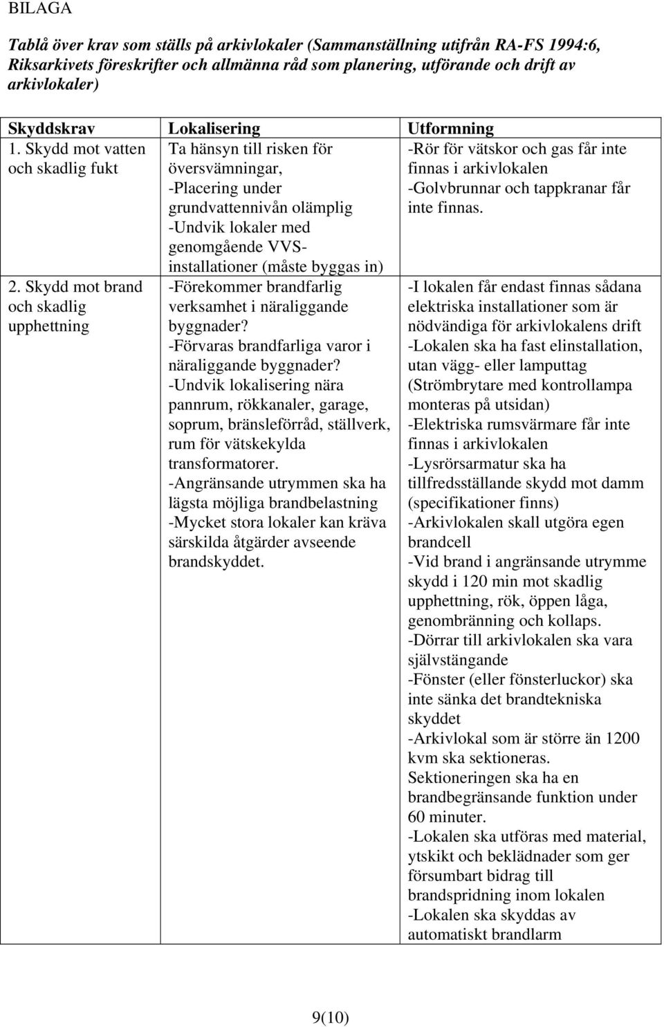 Skydd mot brand och skadlig upphettning Ta hänsyn till risken för översvämningar, -Placering under grundvattennivån olämplig -Undvik lokaler med genomgående VVSinstallationer (måste byggas in)