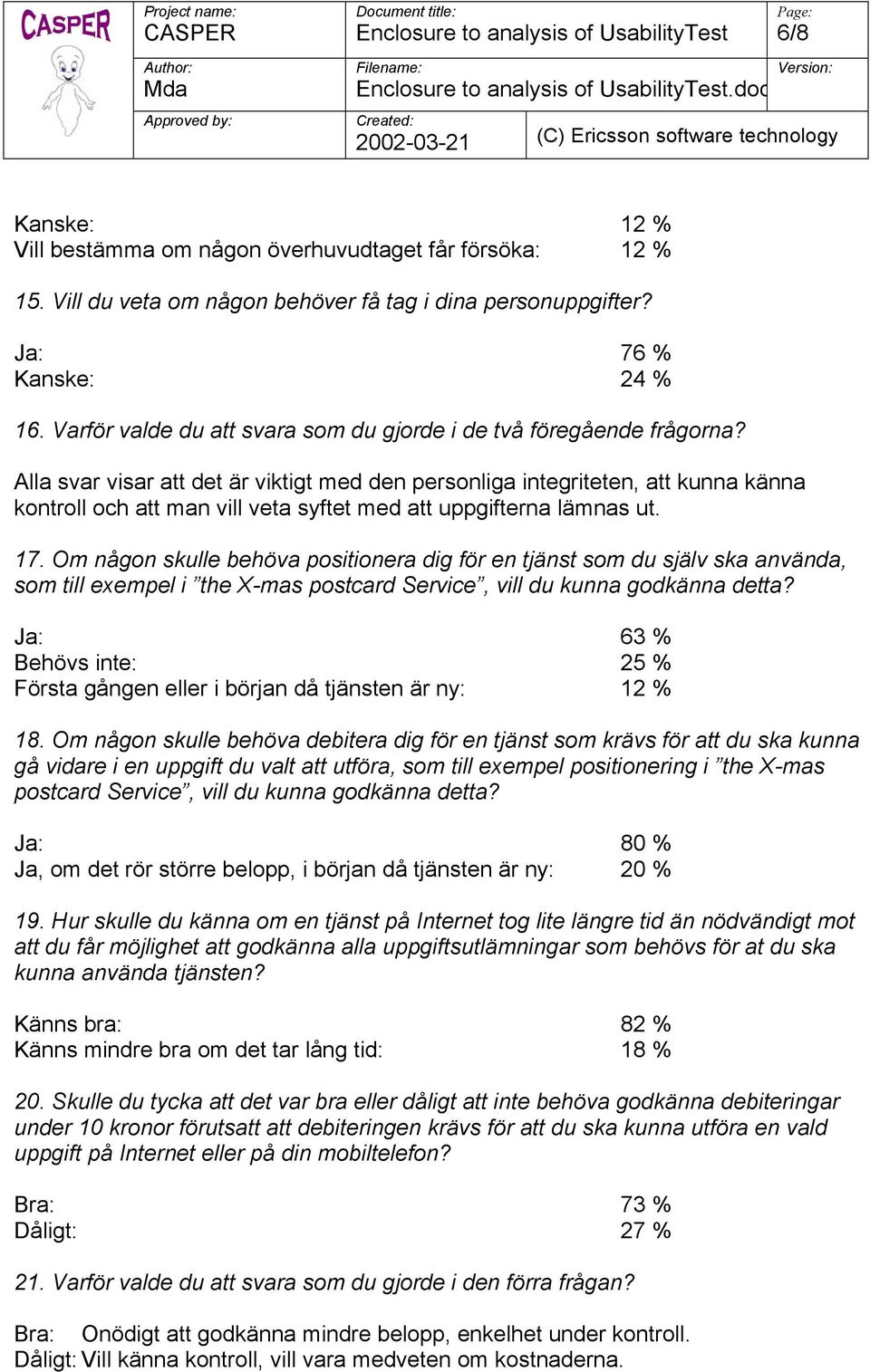 Alla svar visar att det är viktigt med den personliga integriteten, att kunna känna kontroll och att man vill veta syftet med att uppgifterna lämnas ut. 17.