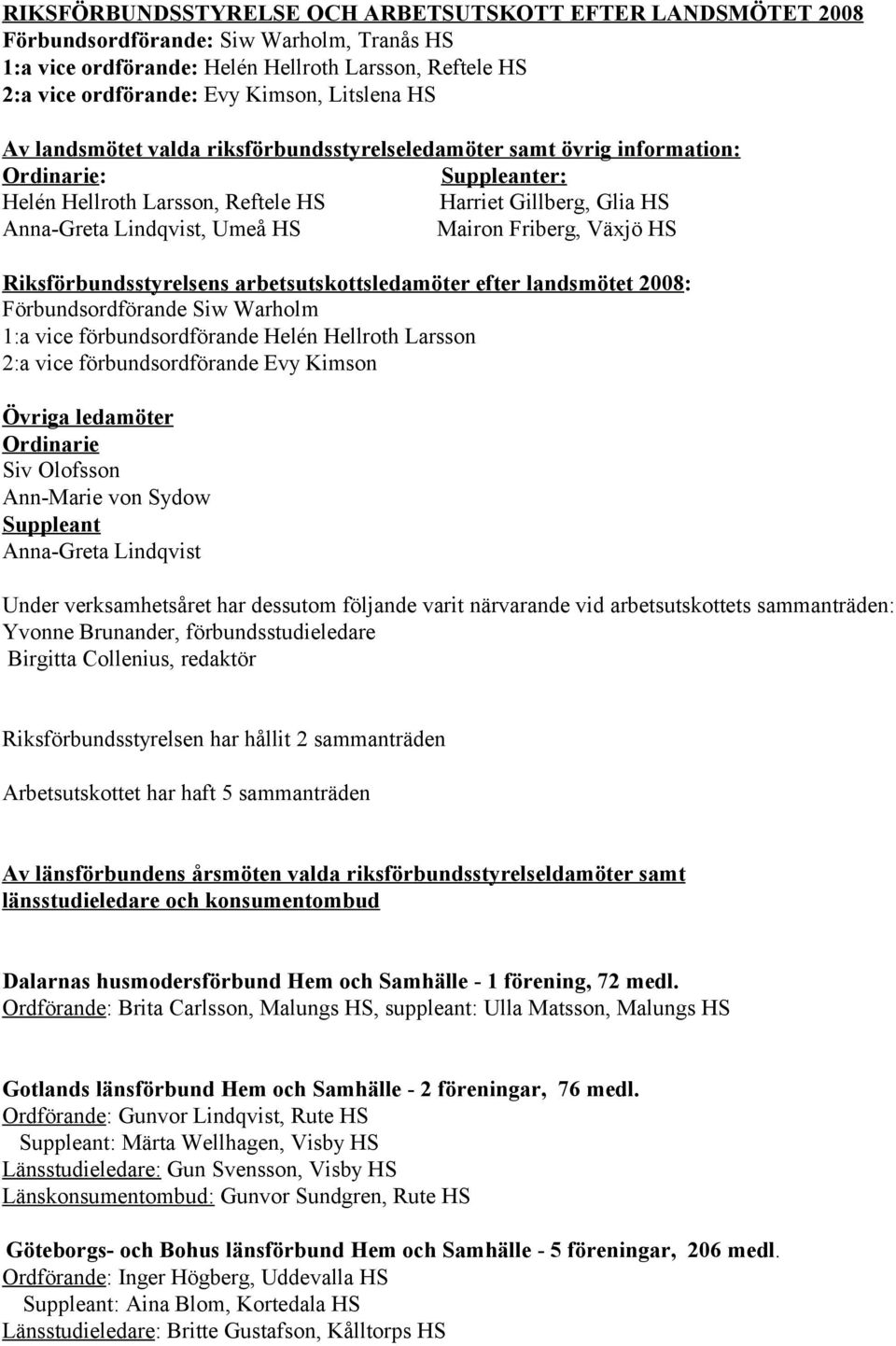 Friberg, Växjö HS Riksförbundsstyrelsens arbetsutskottsledamöter efter landsmötet 2008: Förbundsordförande Siw Warholm 1:a vice förbundsordförande Helén Hellroth Larsson 2:a vice förbundsordförande