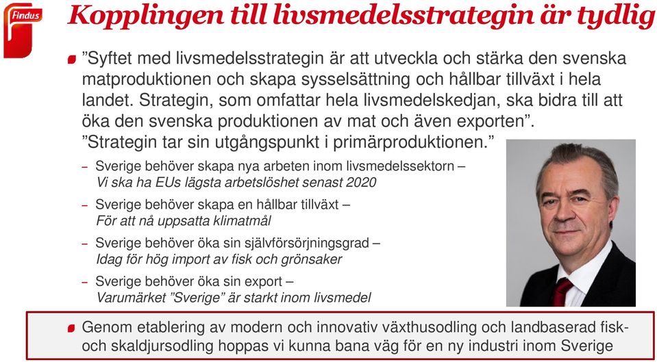 Sverige behöver skapa nya arbeten inom livsmedelssektorn Vi ska ha EUs lägsta arbetslöshet senast 2020 Sverige behöver skapa en hållbar tillväxt För att nå uppsatta klimatmål Sverige behöver öka sin