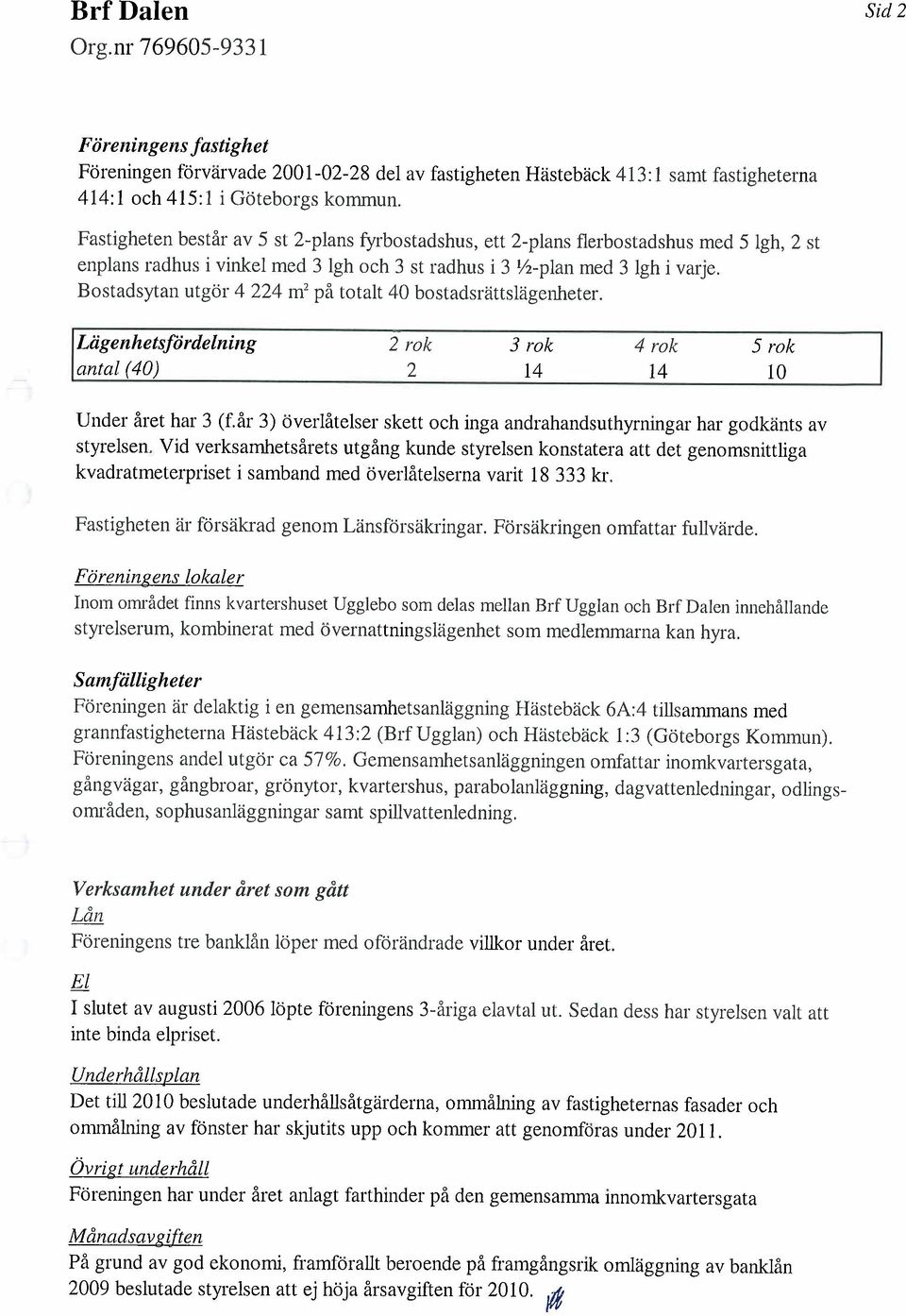 Bostadsytan utgör 4 224 m2 på totalt 40 bostadsrättslägenheter. Lägellhetsfördelnillg antal (40) 2 rok 2 3 rok 14 4 rok 14 5 rok 10 Under året har 3 (f.