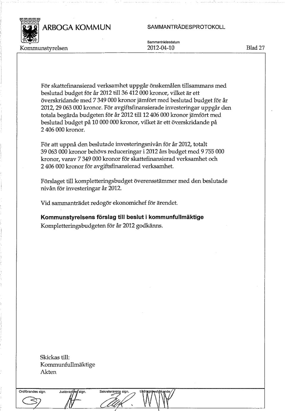 För avgiftsfinansierade investeringar uppgår den totala begärda budgeten för år 2012 till 12 406 000 kronor jämfört med beslutad budget på 10 000 000 kronor, vilket är ett överskridande på 2 406 000